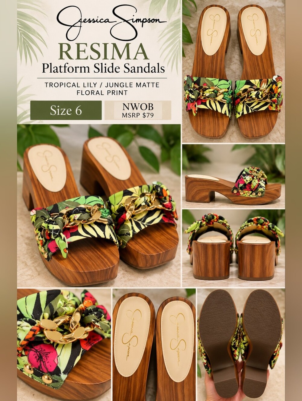 Jessica Simpson Resima Floral Platform Slide Sandals - Green/Black/Red NWOB